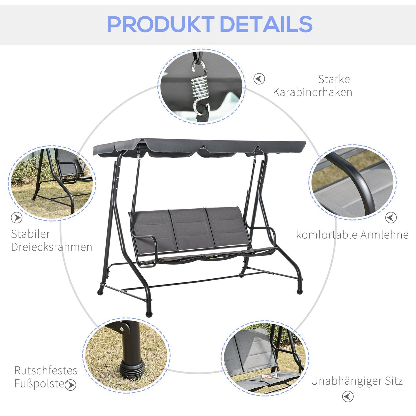 3-seat garden swing with adjustable canopy, gray steel