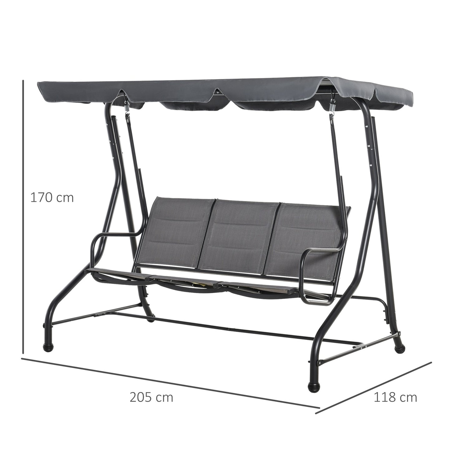 3-seat garden swing with adjustable canopy, gray steel