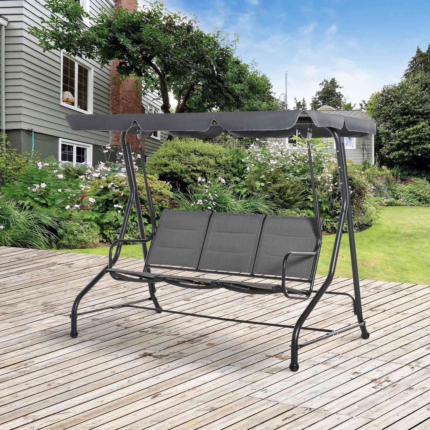 3-seat garden swing with adjustable canopy, gray steel