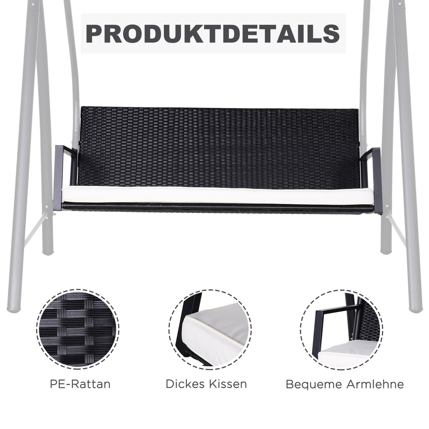 3-seat garden swing with roof, poly rattan, black
