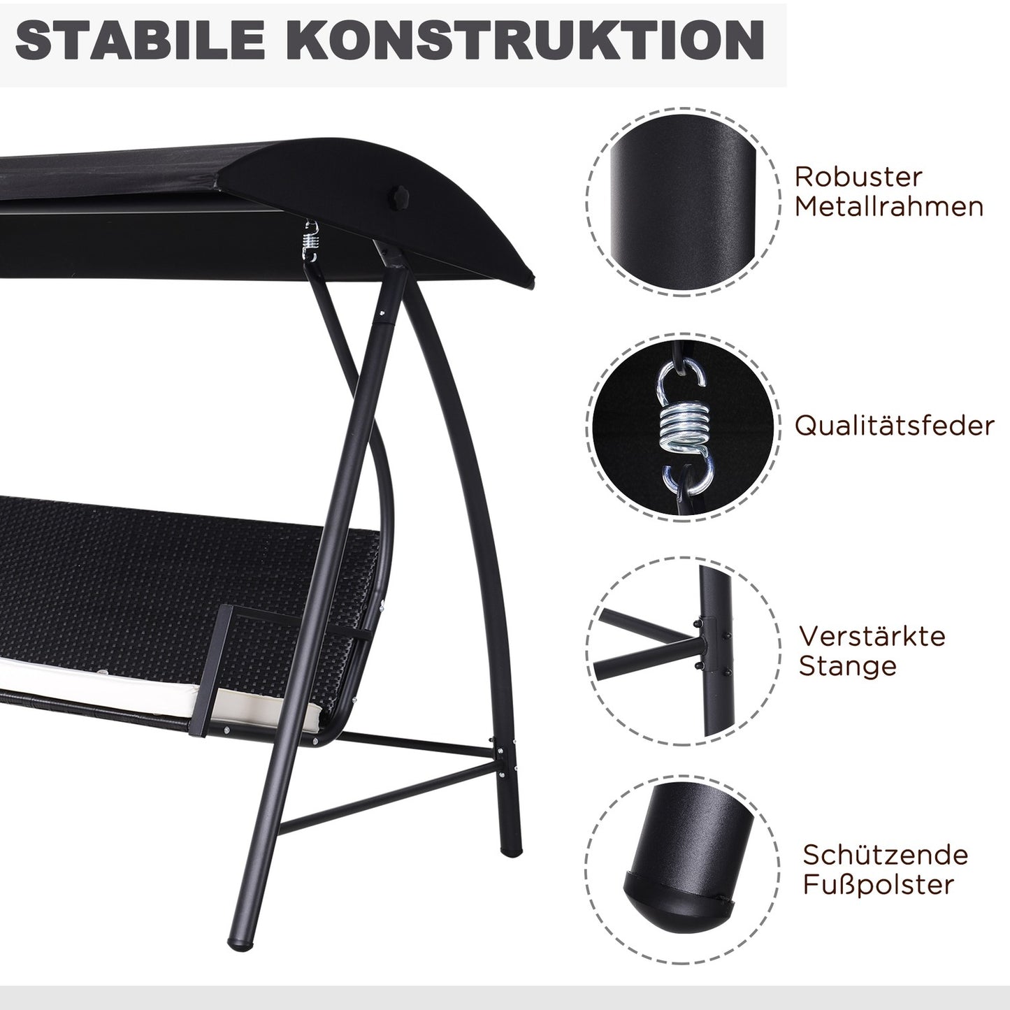 3-seat garden swing with roof, poly rattan, black