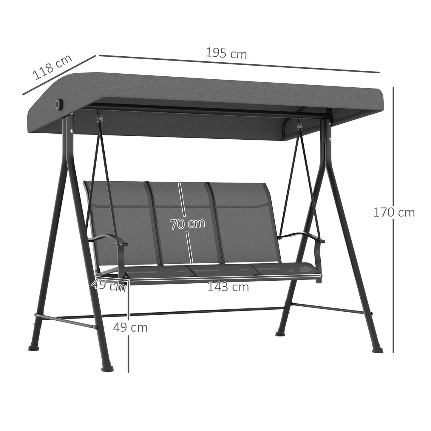 3-seat garden swing, metal frame, adjustable roof