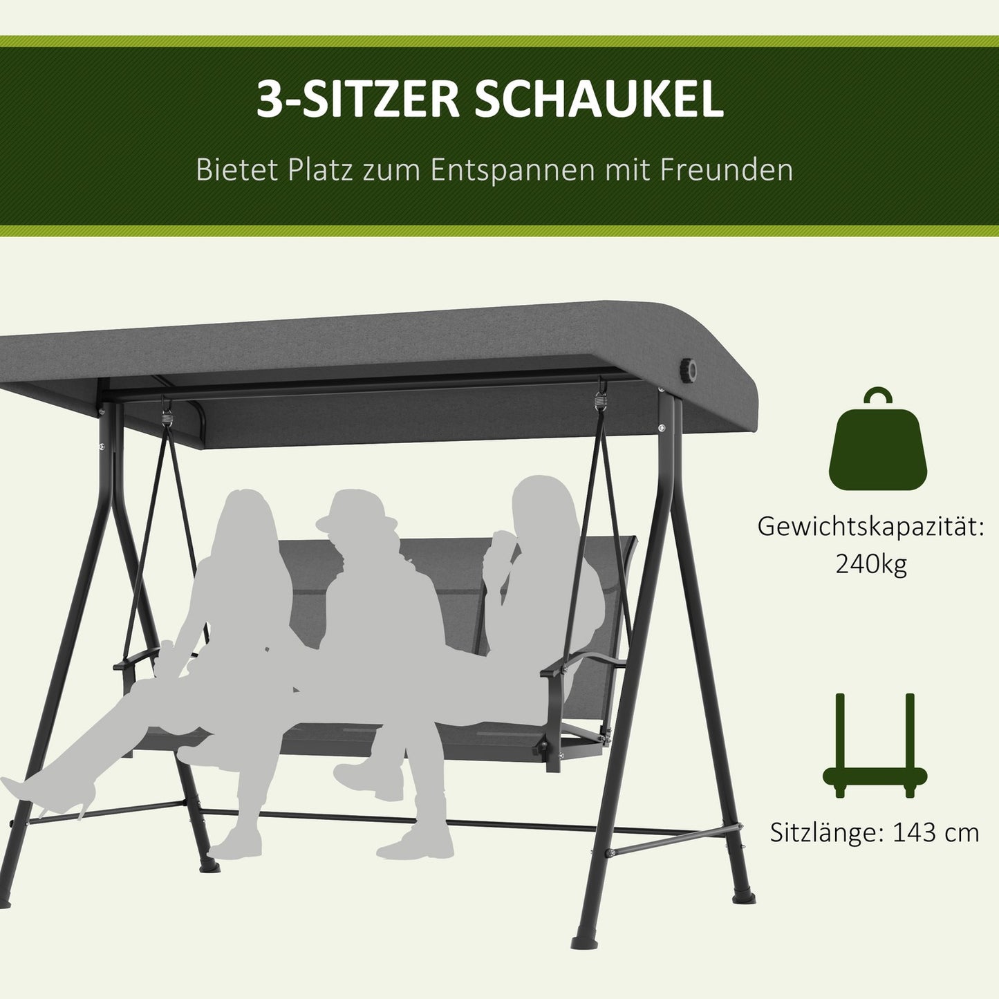 3-seat garden swing, metal frame, adjustable roof