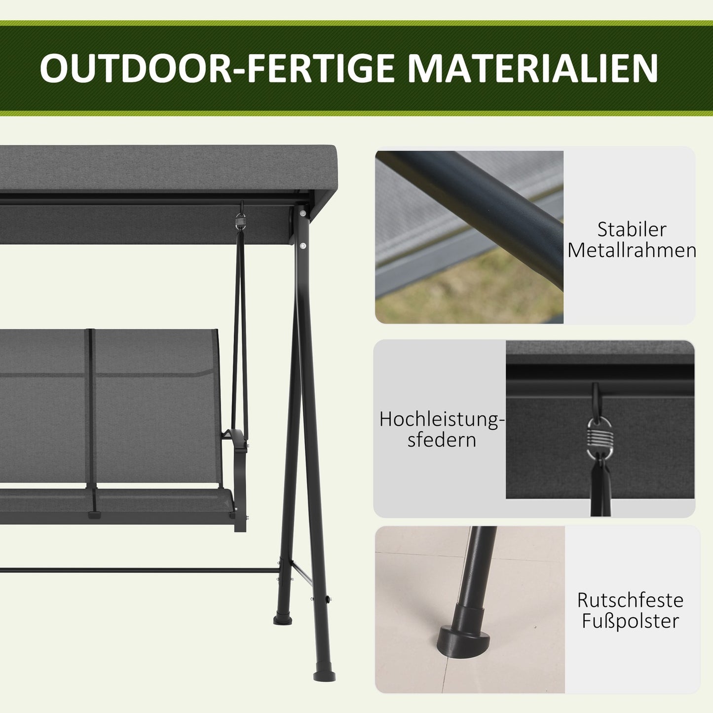 3-seat garden swing, metal frame, adjustable roof