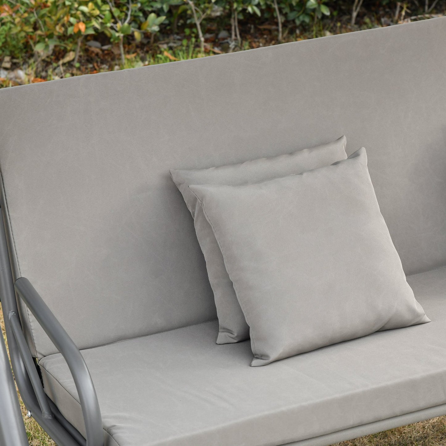 3-seat brown swivel bench with adjustable canopy and recliner