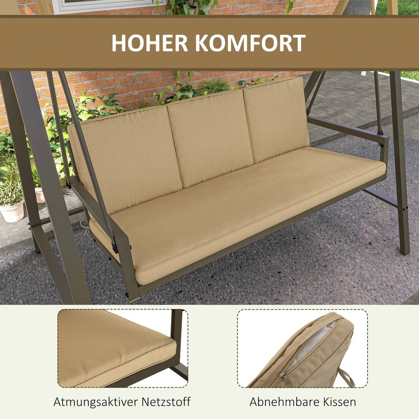 3-seater garden swing bench, adjustable canopy, beige