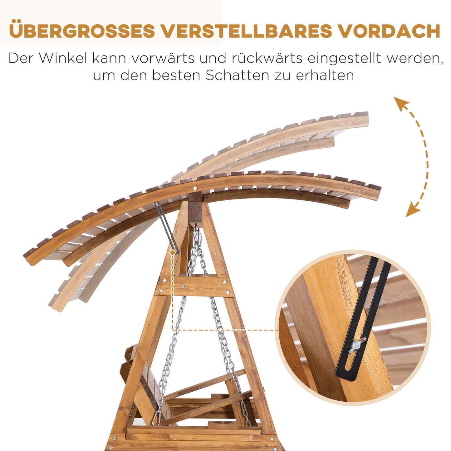 Swing bench in pine for two people with adjustable roof