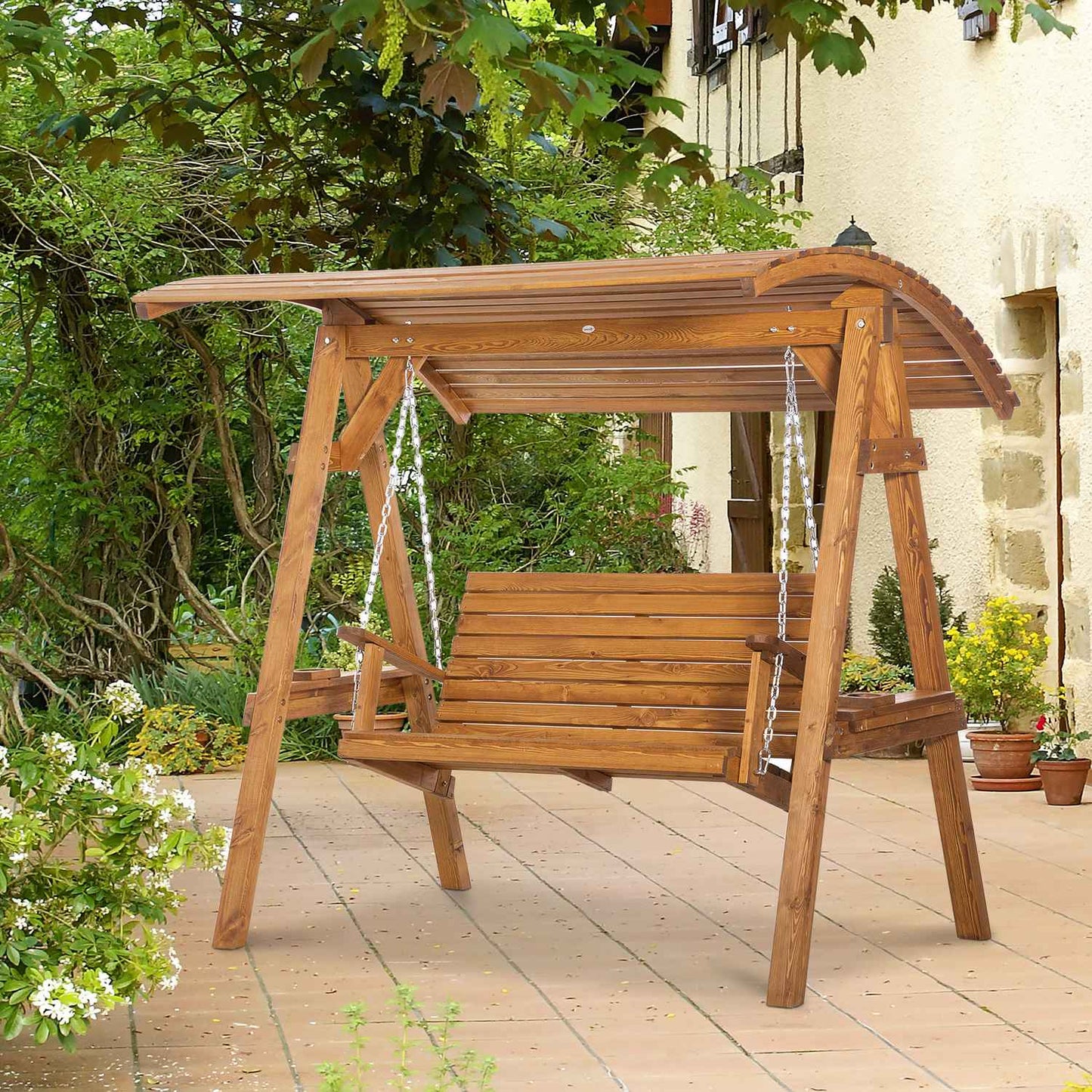 Swing bench in pine for two people with adjustable roof