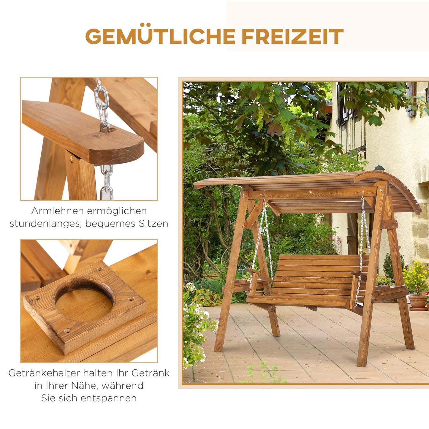 Swing bench in pine for two people with adjustable roof