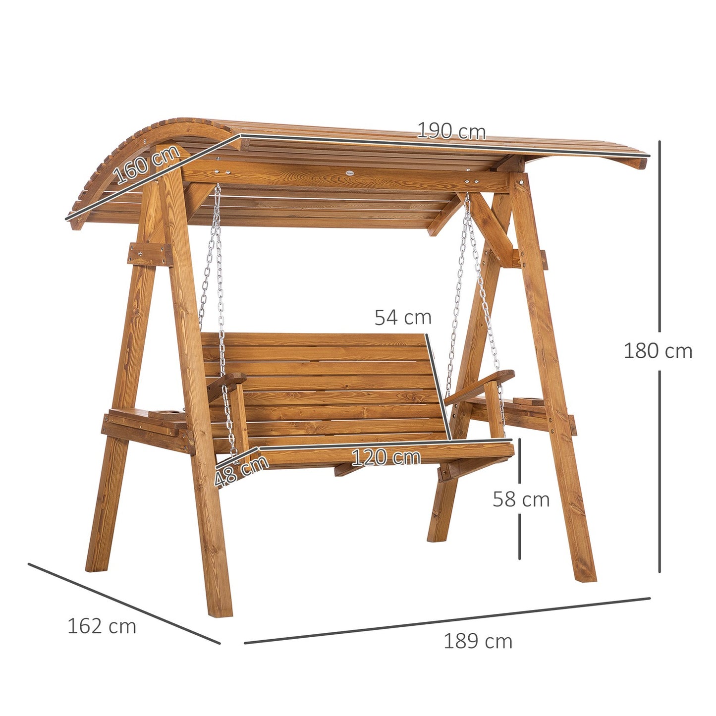 Swing bench in pine for two people with adjustable roof