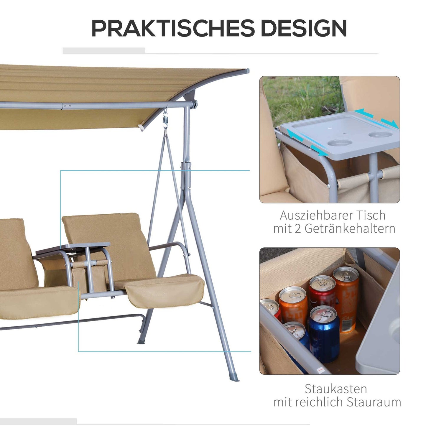 2-seat garden swing with sunroof, beige 175x112x165 cm