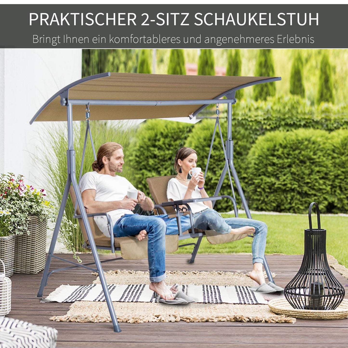 2-seat garden swing with sunroof, beige 175x112x165 cm