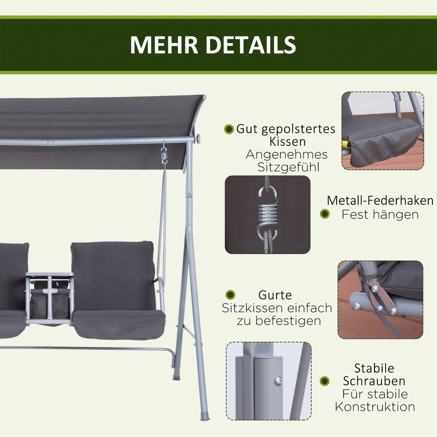 2-seat garden swing with sunshade, gray 175 x 112 x 165 cm