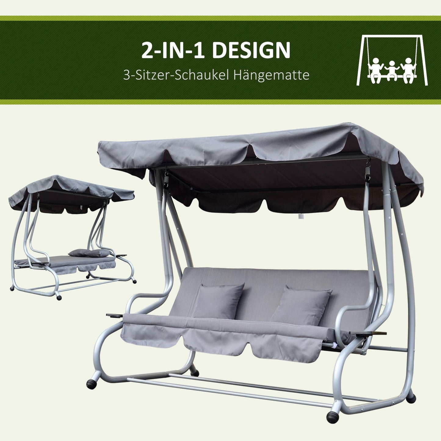 3-seat steel garden swing, horizontal, grey, 200x120x164 cm