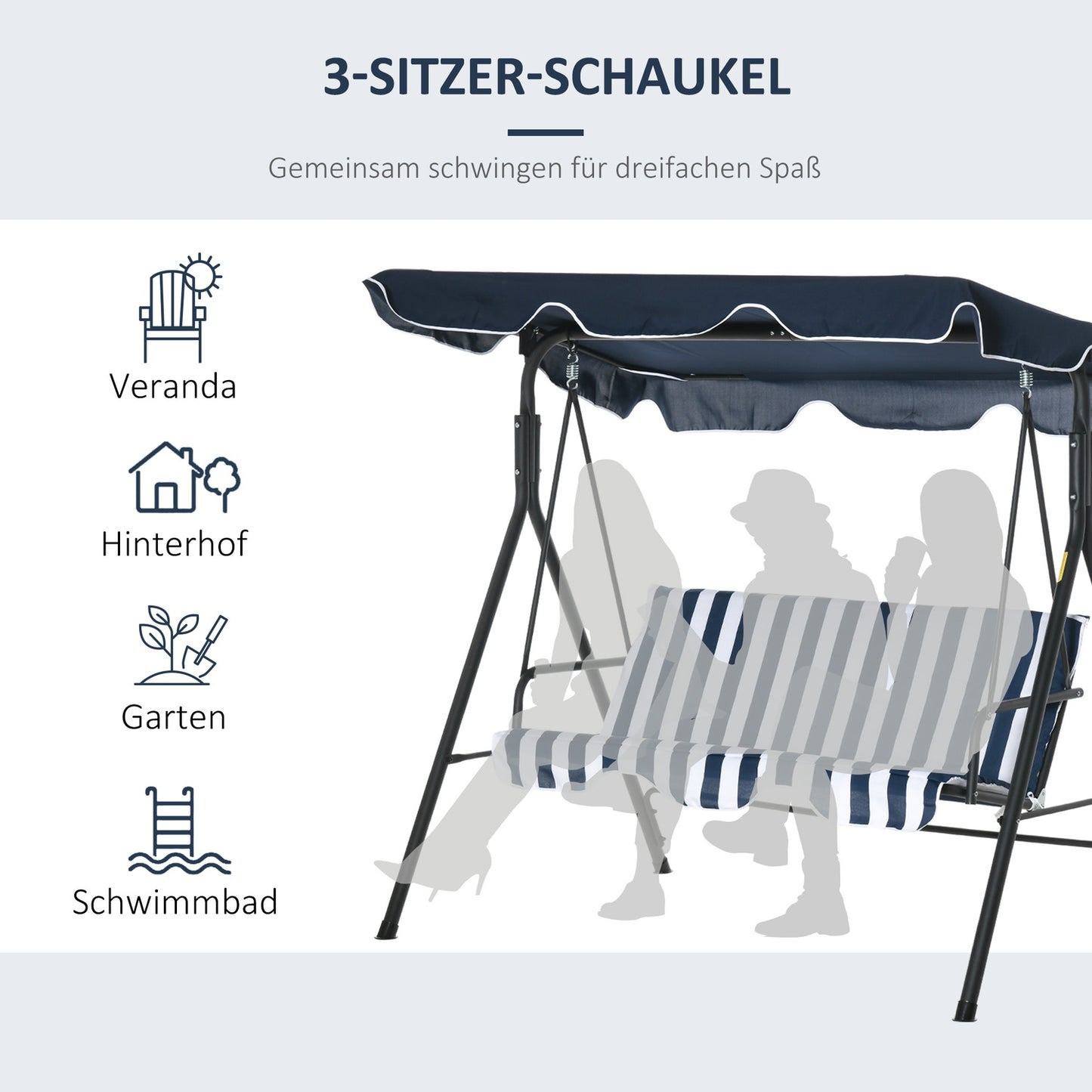 3-seat garden swing with canopy - blue and white steel