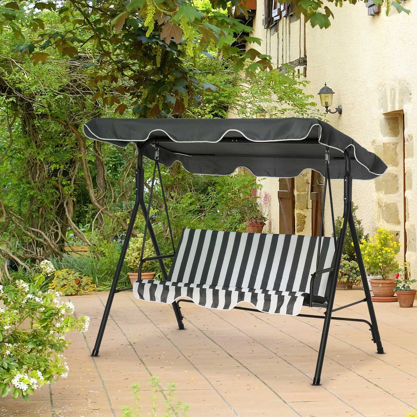 3-seat Garden swing bench in steel with roof, grey/white