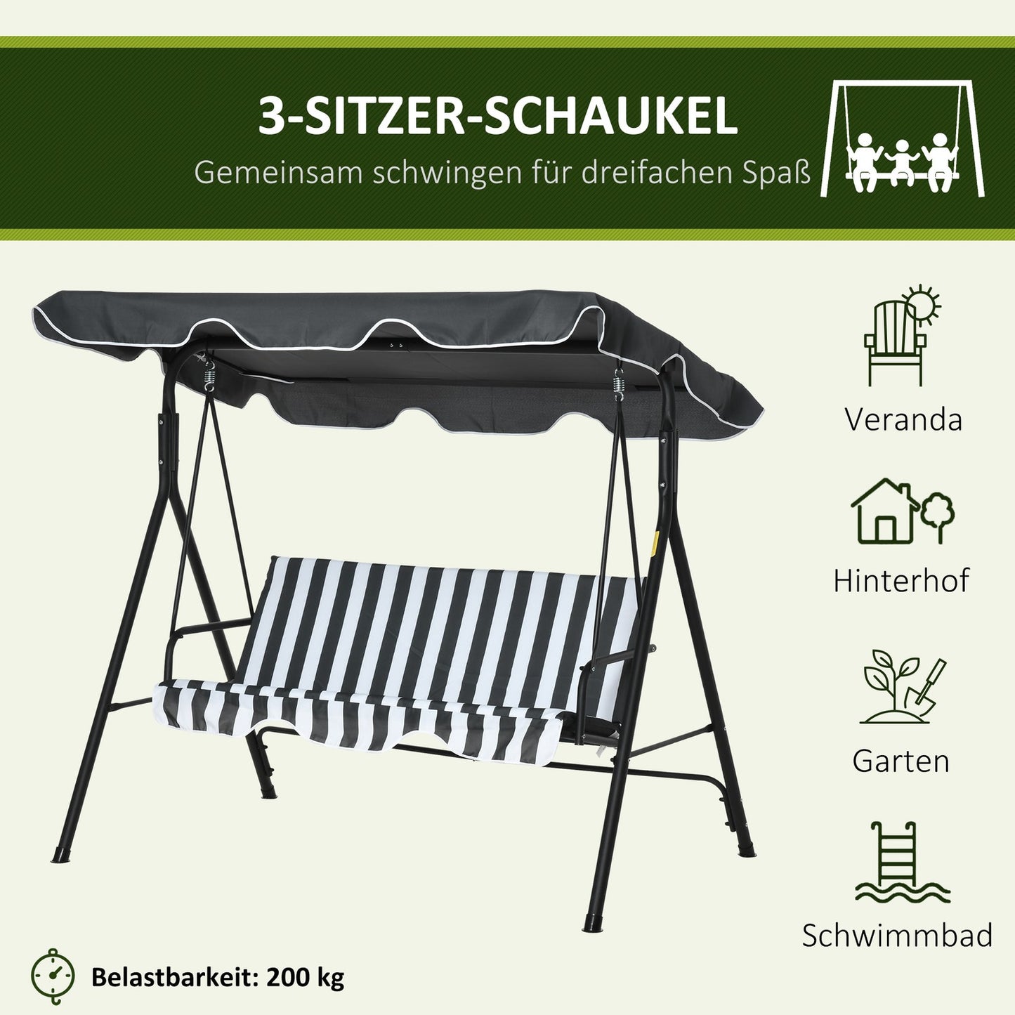 3-seat Garden swing bench in steel with roof, grey/white