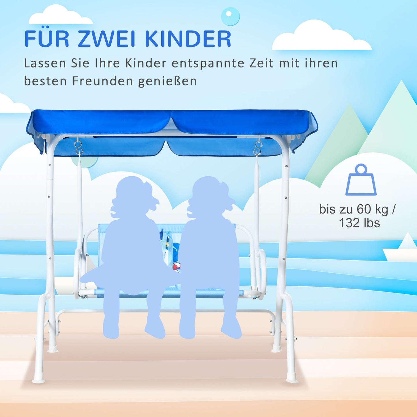 Children's 2-seat garden swing with adjustable sun protection