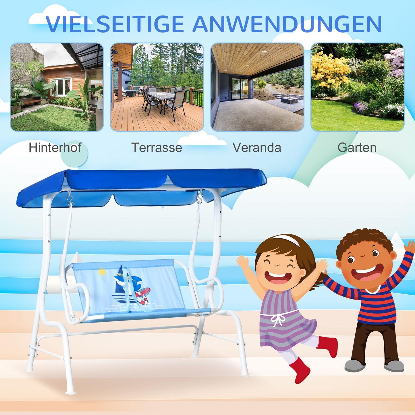 Children's 2-seat garden swing with adjustable sun protection