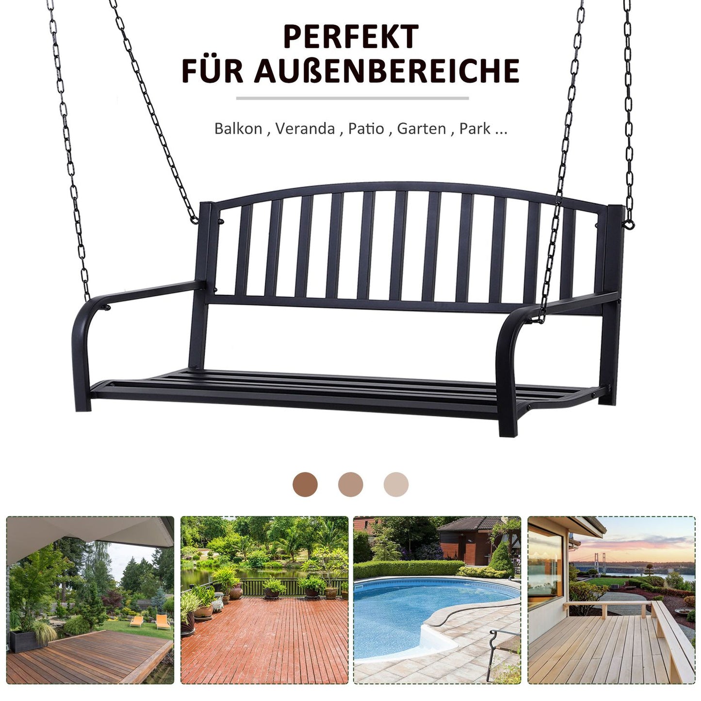 Black metal 2-seater garden swing bench with chains