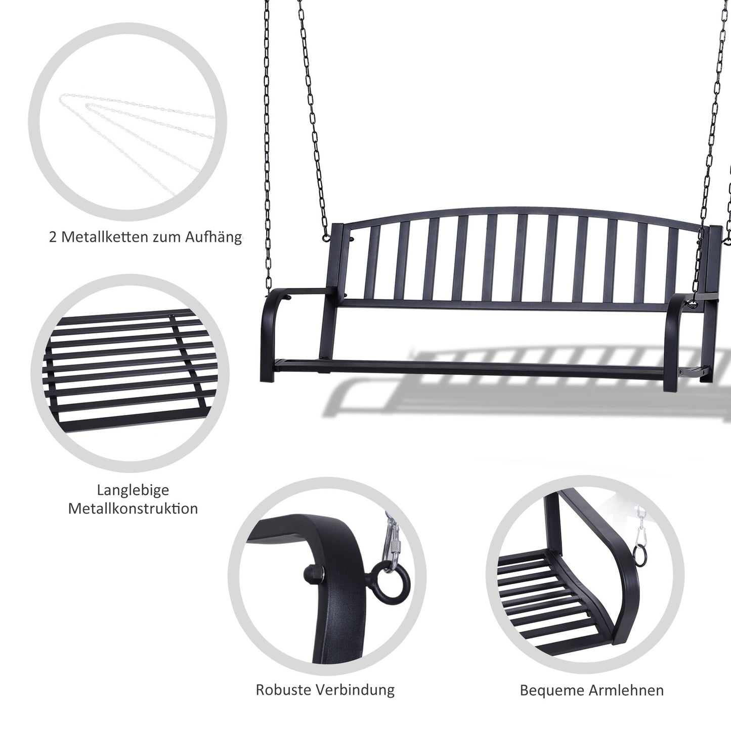 Black metal 2-seater garden swing bench with chains