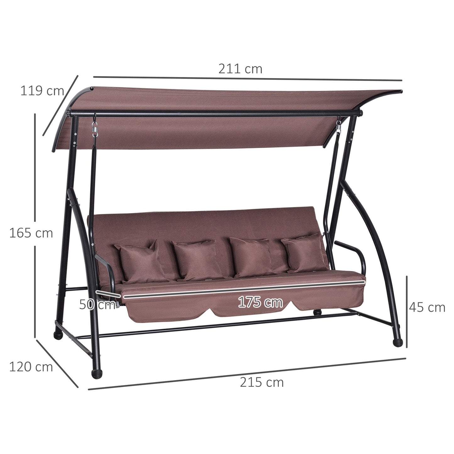 3-seater garden swing bench with adjustable roof, brown
