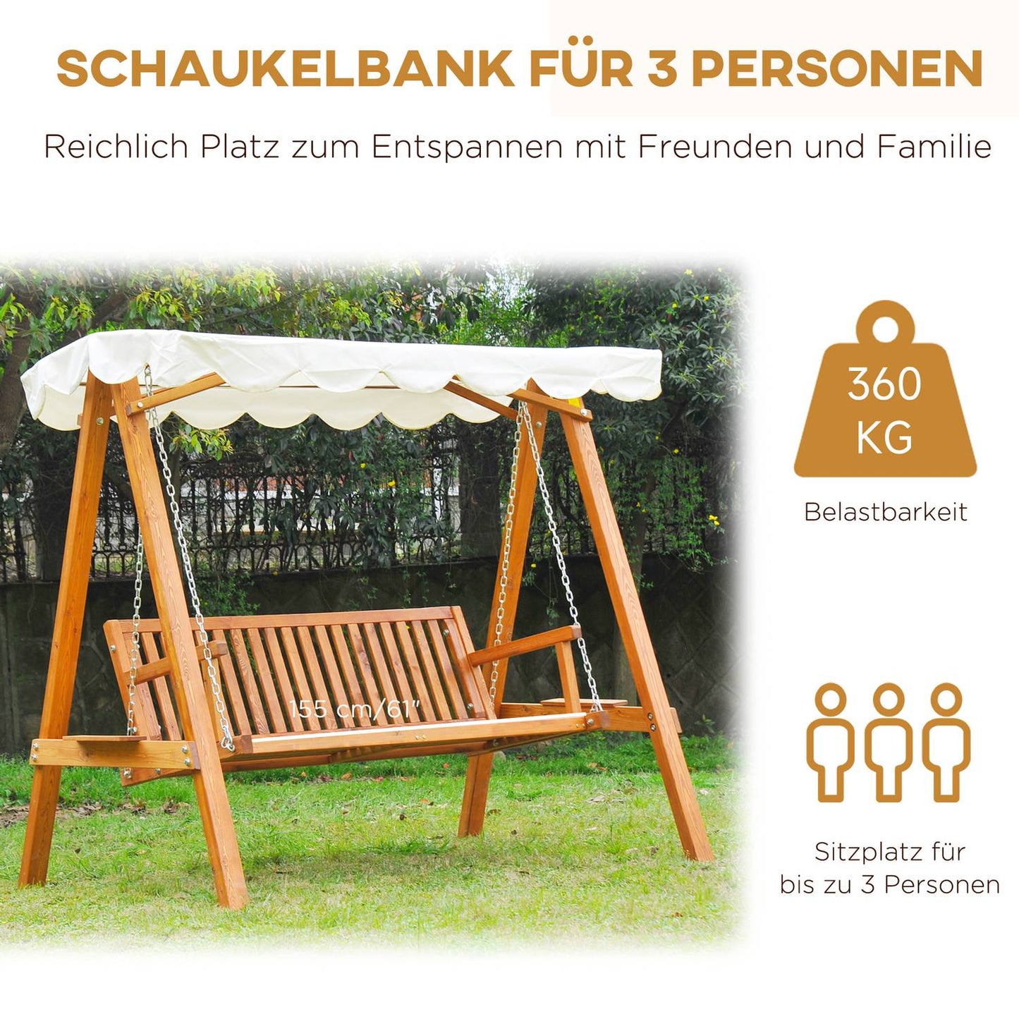 3-seat larch Garden swing bench in wood