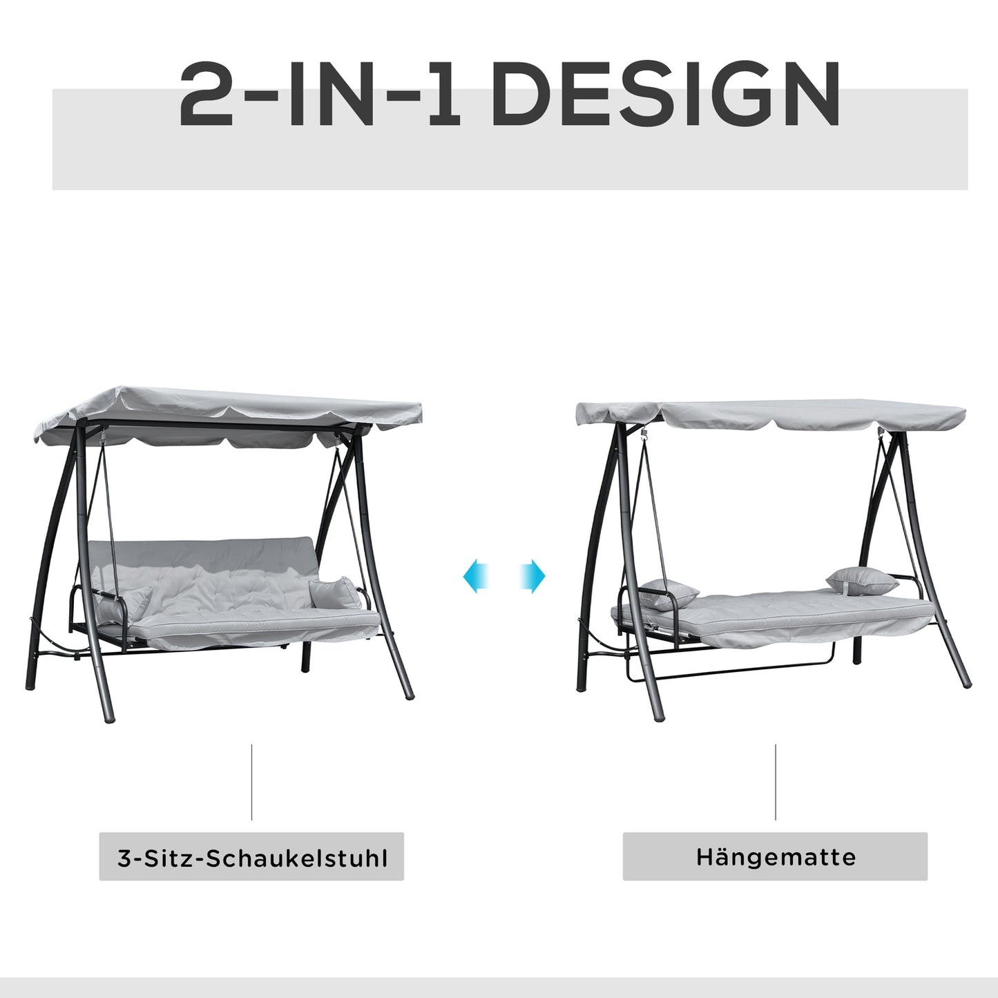 Outdoor 3-seat rocking bench, lying, metal & white polyester