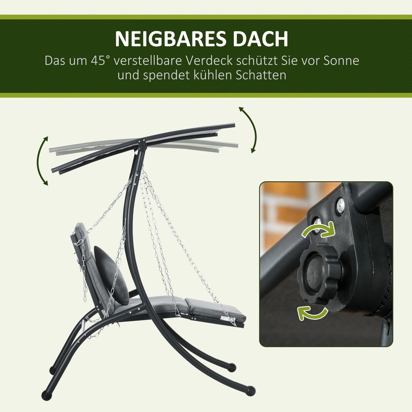 Garden swing with cushion and adjustable canopy, dark grey