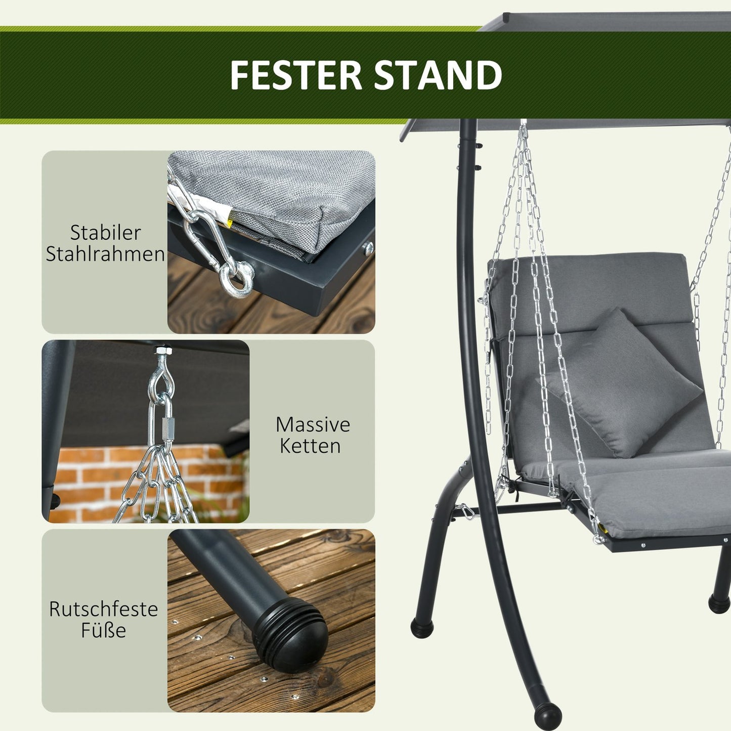 Garden swing with cushion and adjustable canopy, dark grey