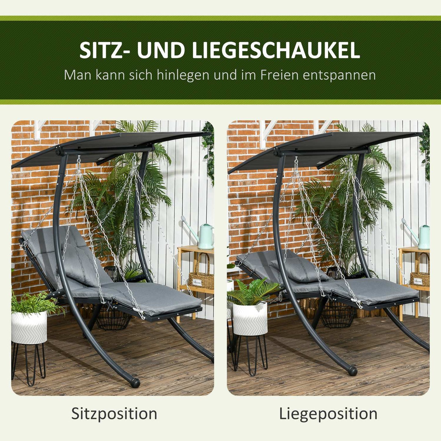 Garden swing with cushion and adjustable canopy, dark grey