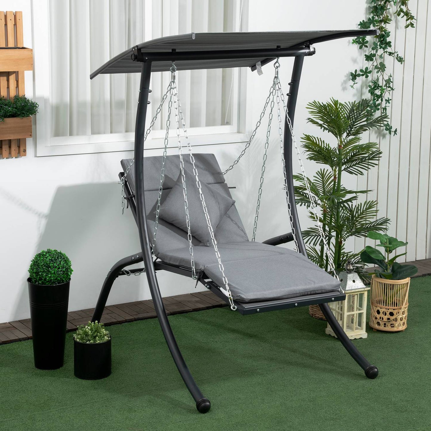 Garden swing with cushion and adjustable canopy, dark grey