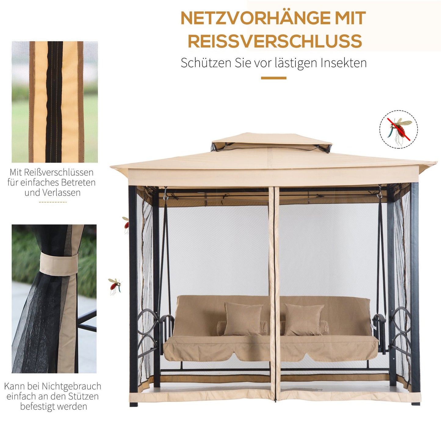 3-seat beige garden swing with side walls, 256x172x248 cm