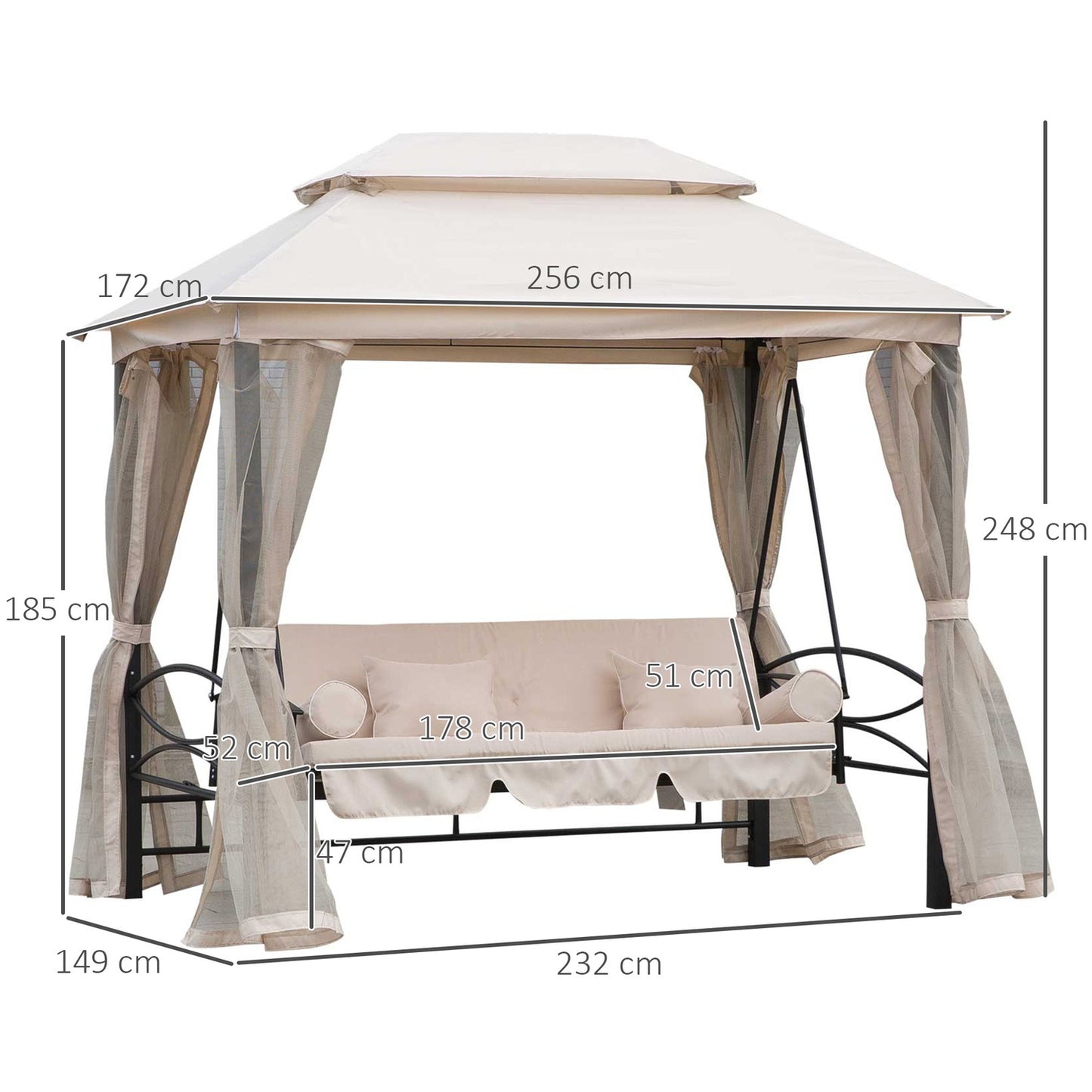 3-seat beige garden swing with side walls 256x172x248cm