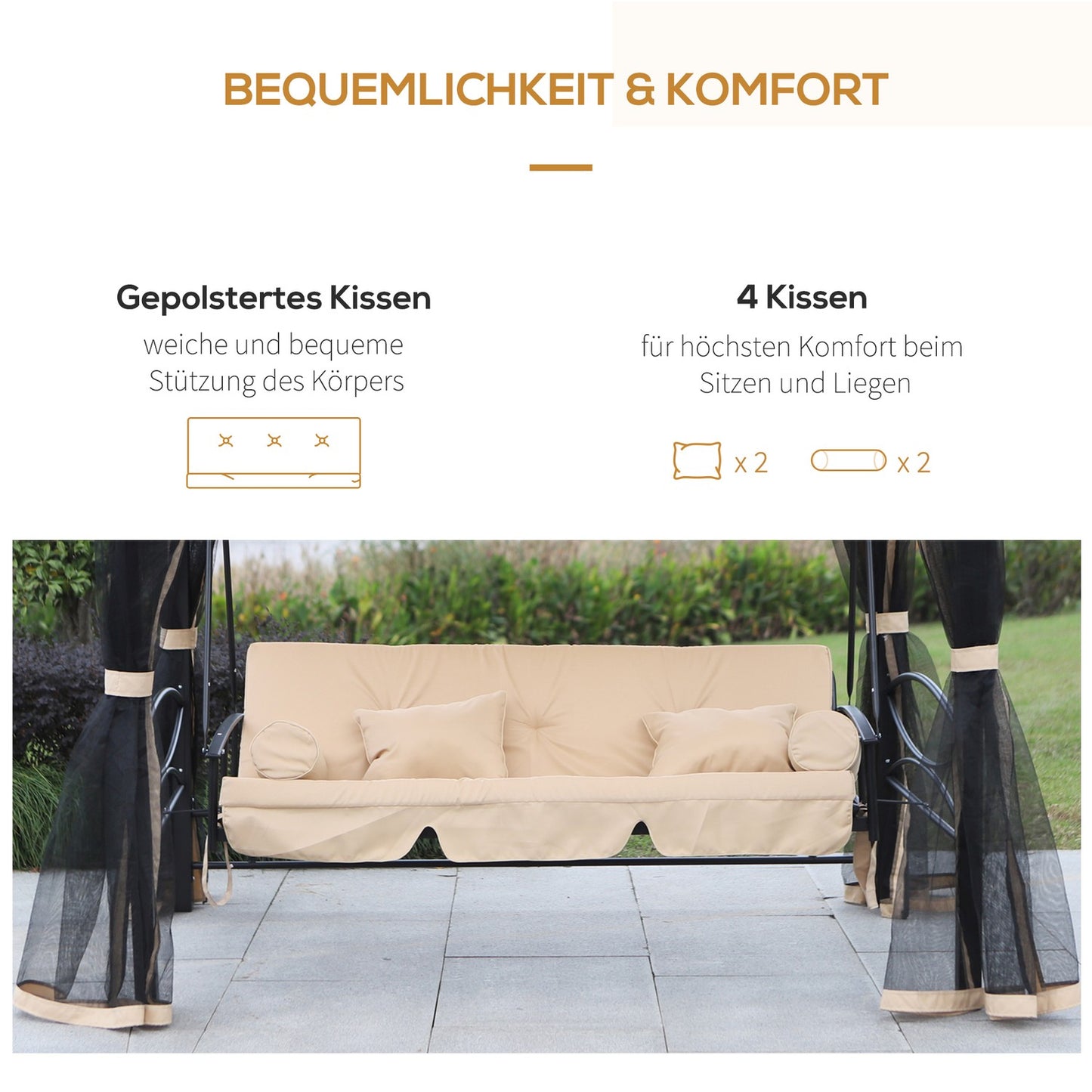 3-seat beige garden swing with side walls, 256x172x248 cm