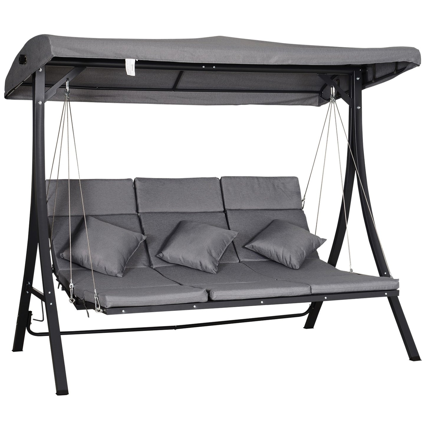 3-seat gray garden swing with adjustable canopy