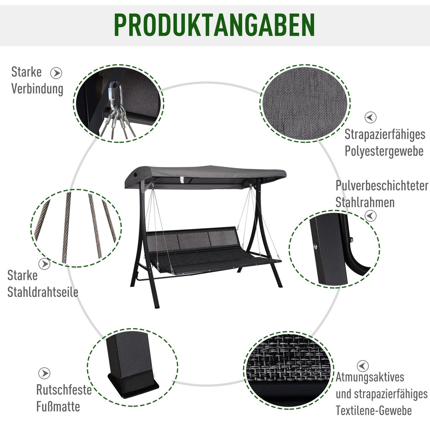 3-seat gray garden swing with adjustable canopy