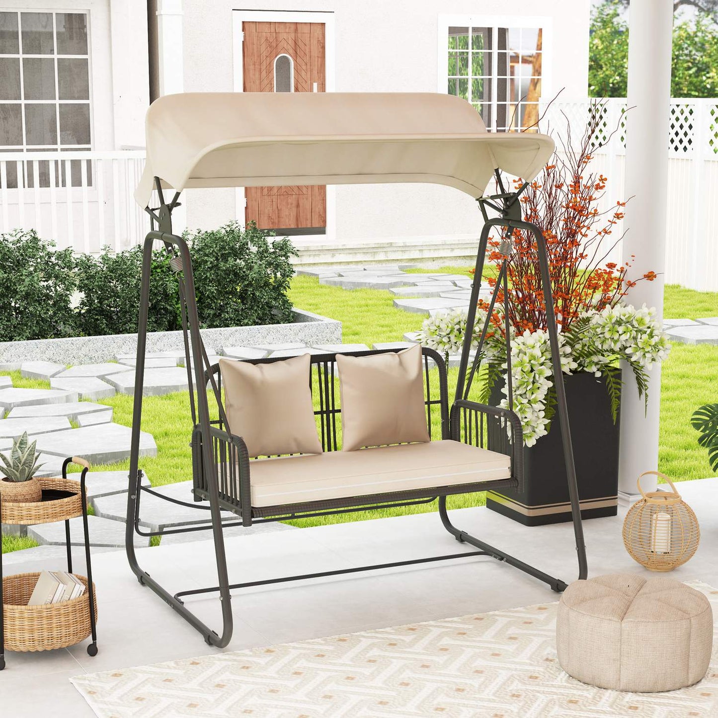 2 Seater Rattan Garden Swing with Canopy - Khaki