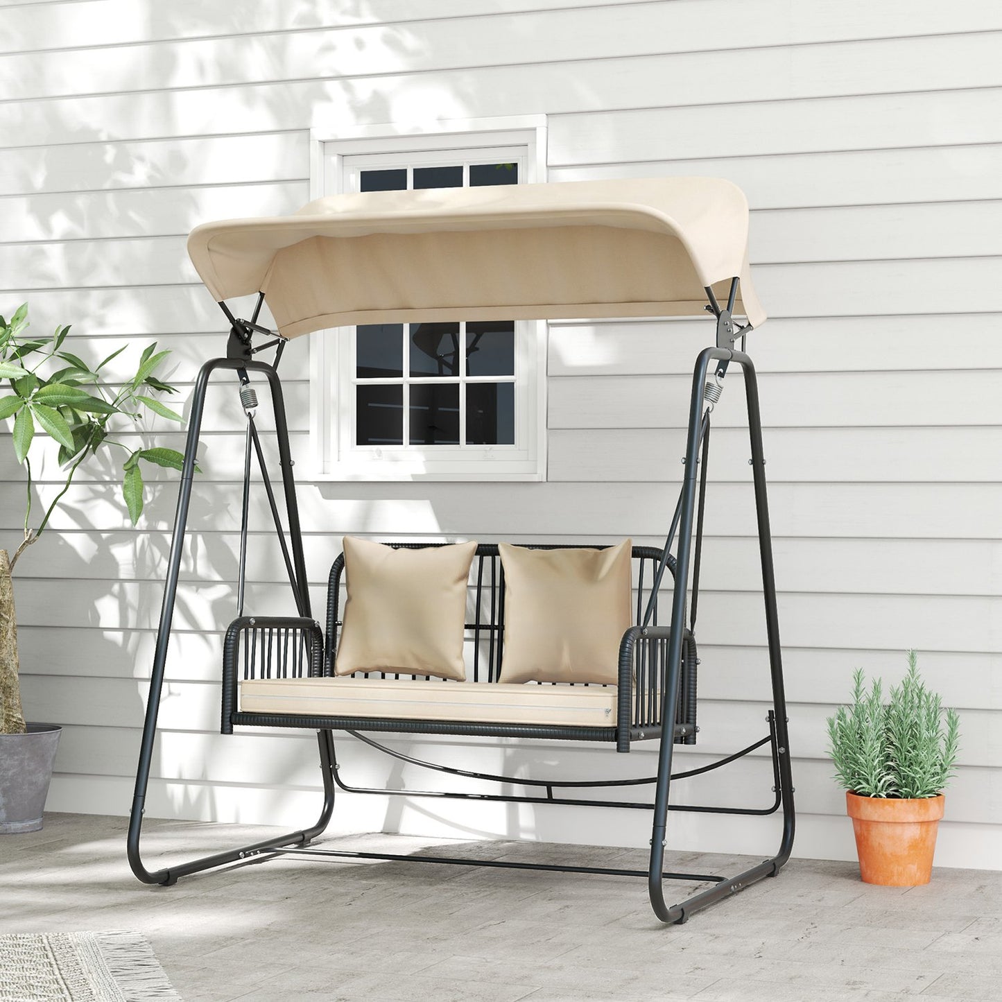 2 Seater Rattan Garden Swing with Canopy - Khaki