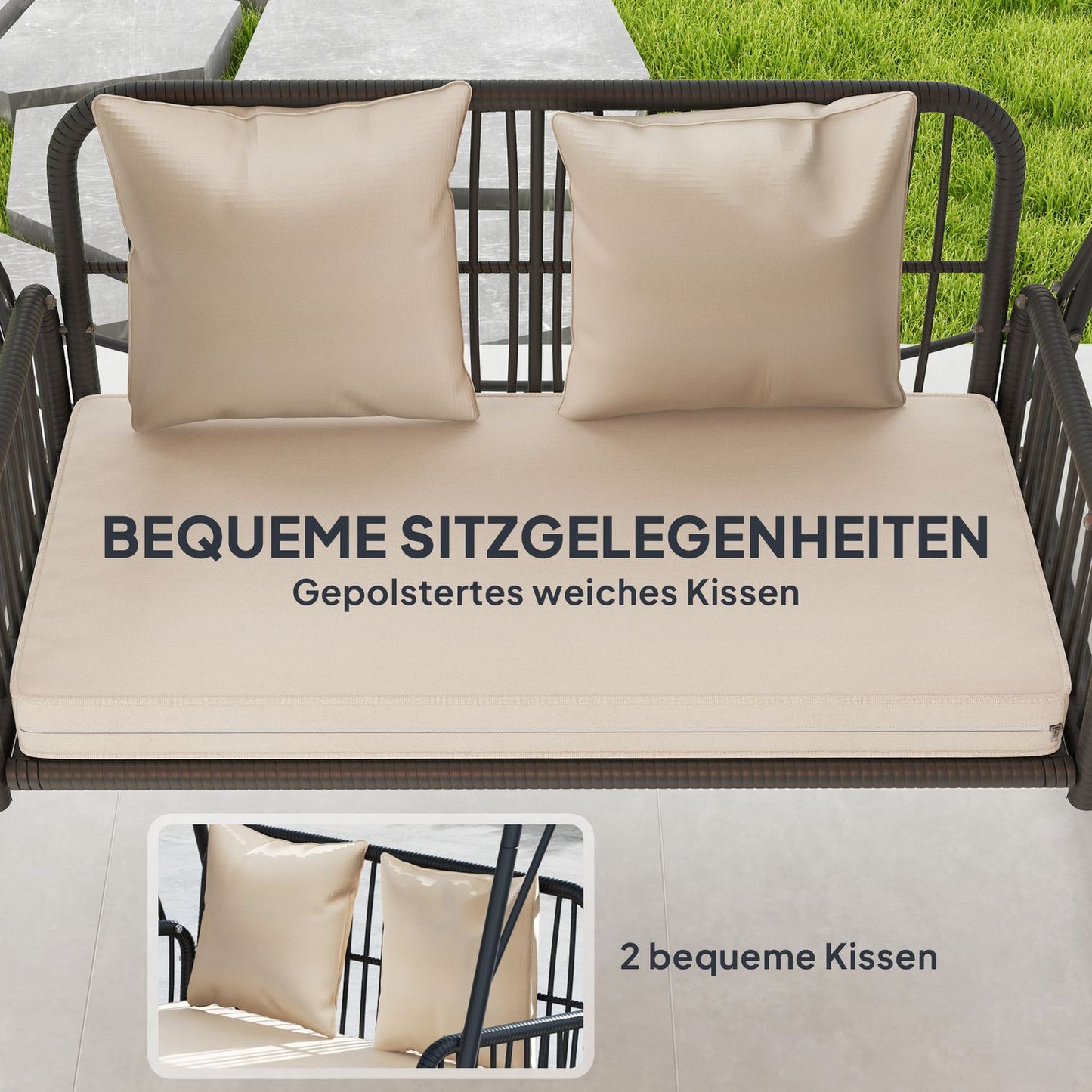 2 Seater Rattan Garden Swing with Canopy - Khaki