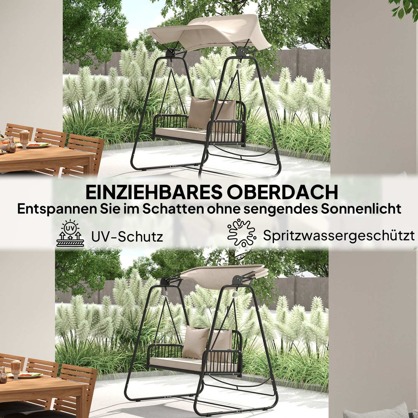 2 Seater Rattan Garden Swing with Canopy - Khaki