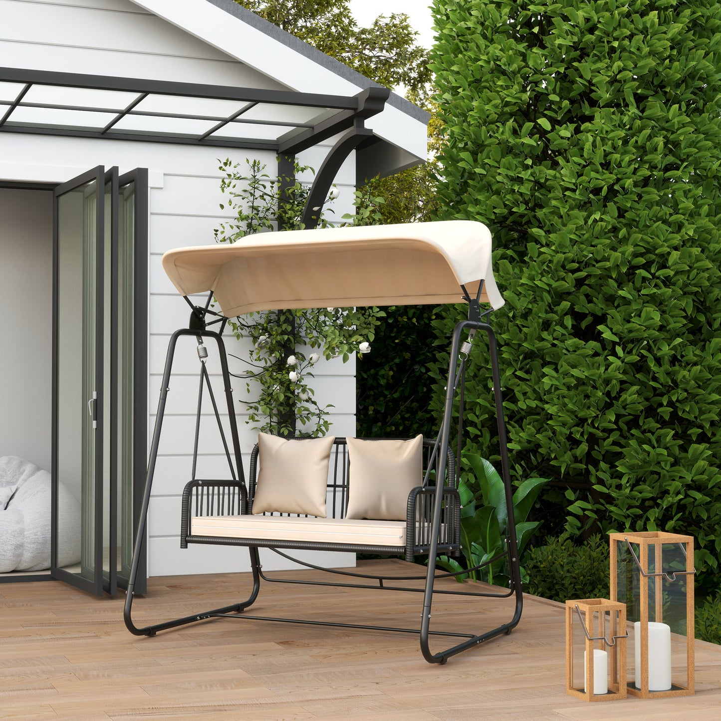 2 Seater Rattan Garden Swing with Canopy - Khaki