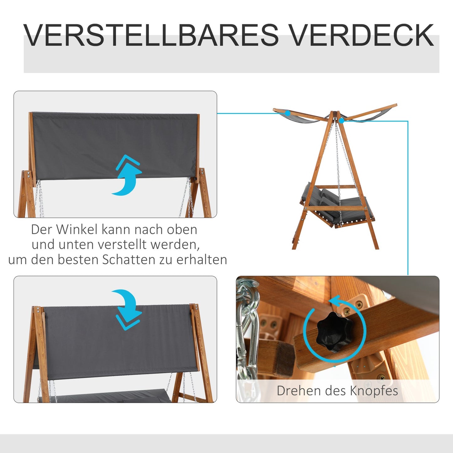 Garden swing with roof - 3-seater bed, gray pine