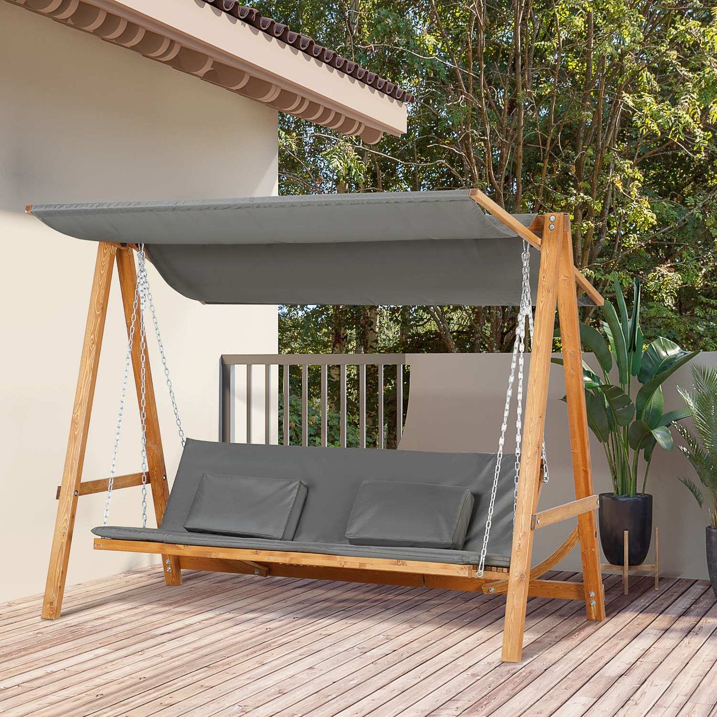 Garden swing with roof - 3-seater bed, gray pine