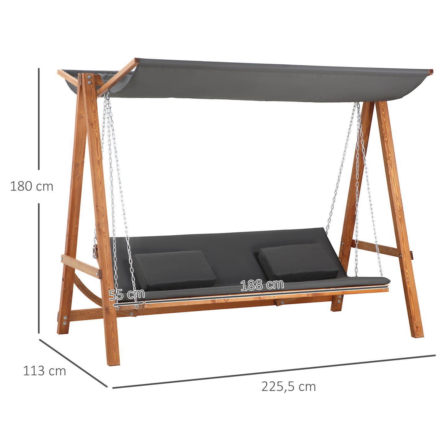 Garden swing with roof - 3-seater bed, gray pine