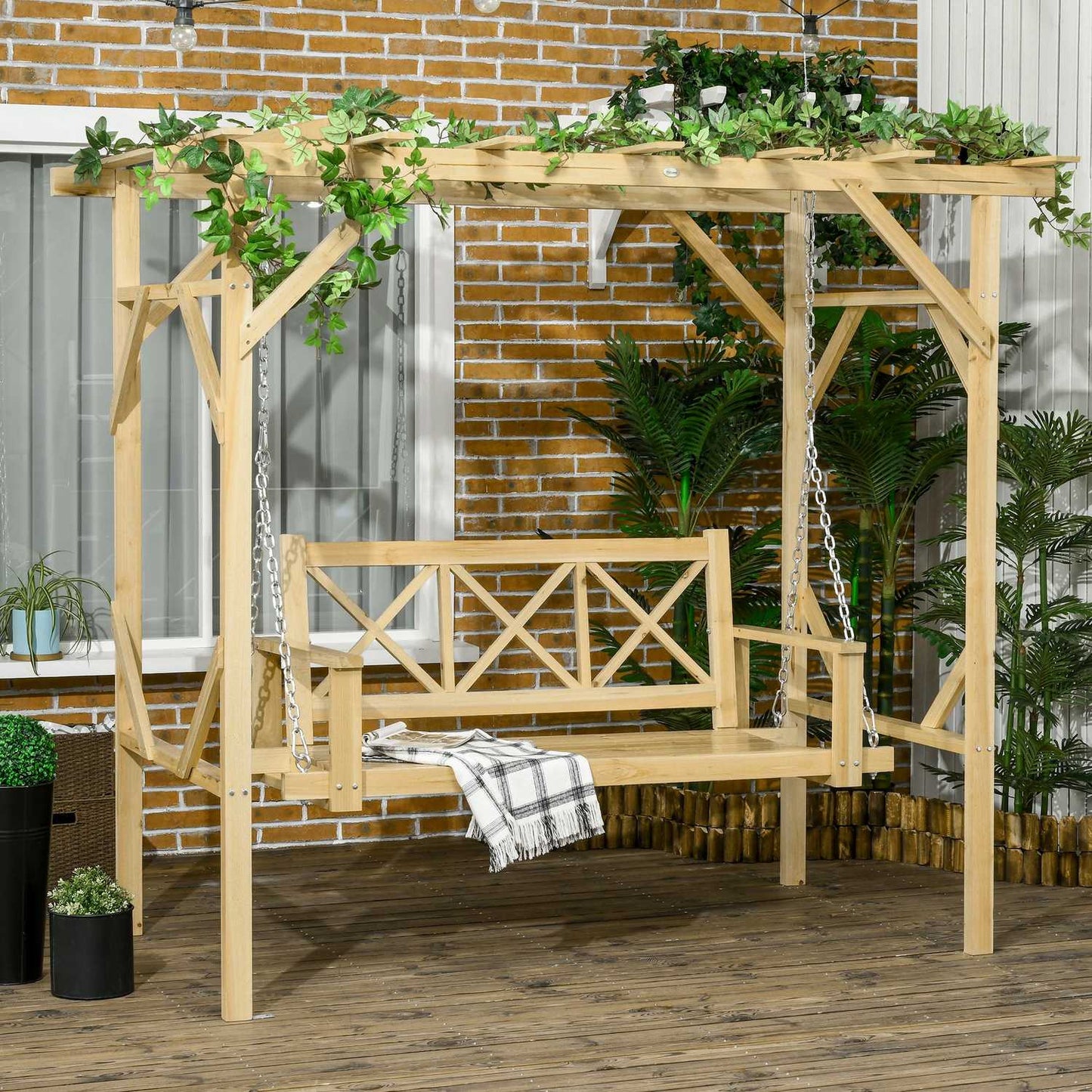 2-seat weatherproof wooden garden swing with pergola