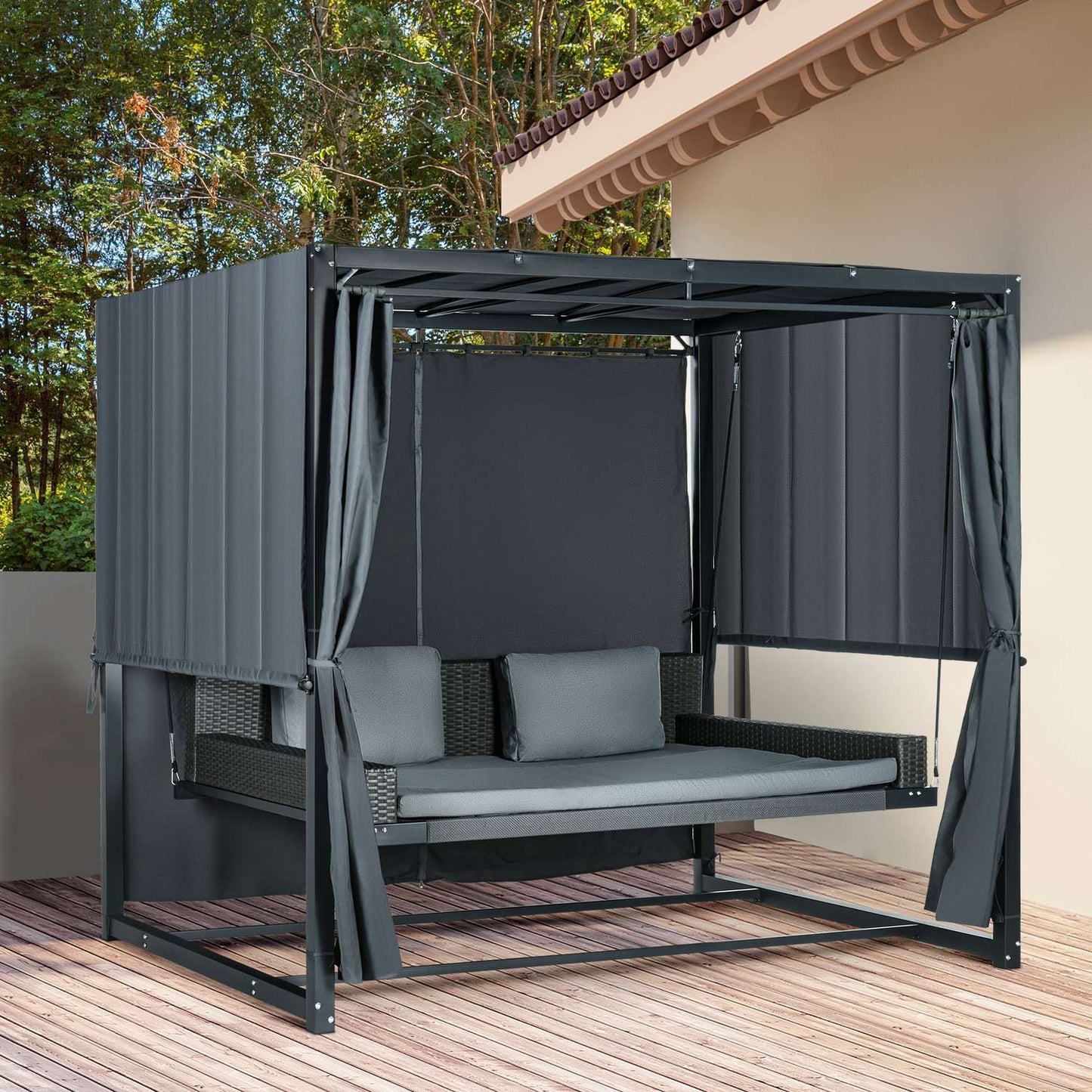 Weatherproof garden bed with pergola and cushion