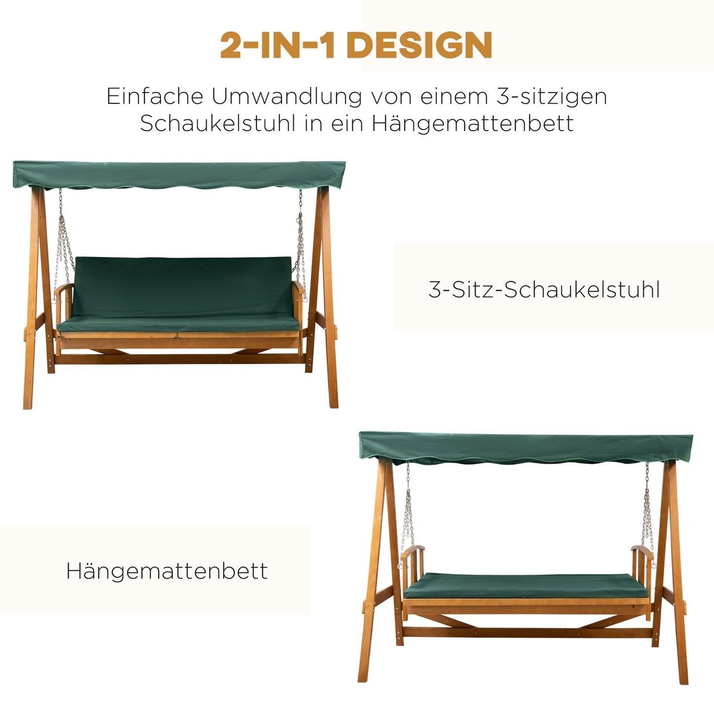 Garden swing for 3 people in real wood with canopy and lounge chair