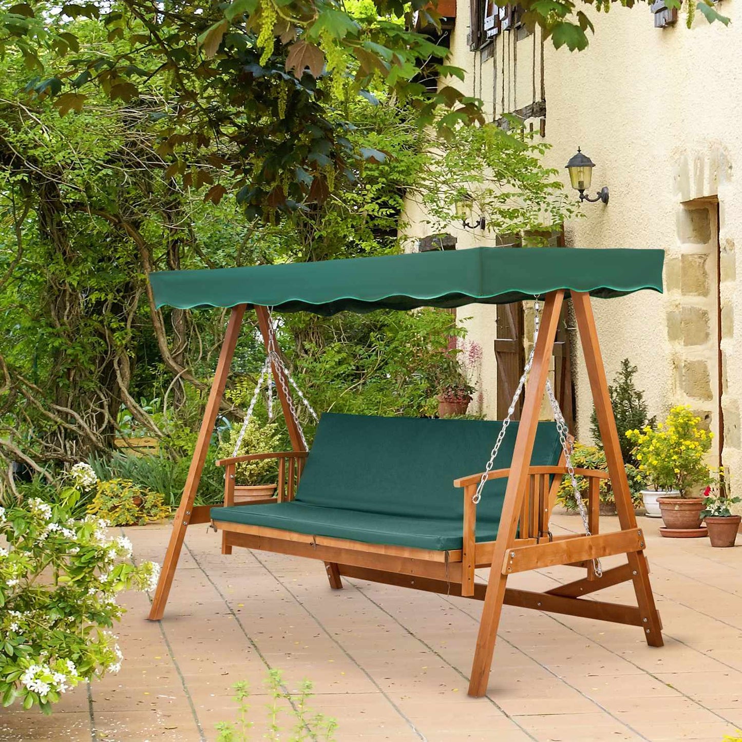 Garden swing for 3 people in real wood with canopy and lounge chair