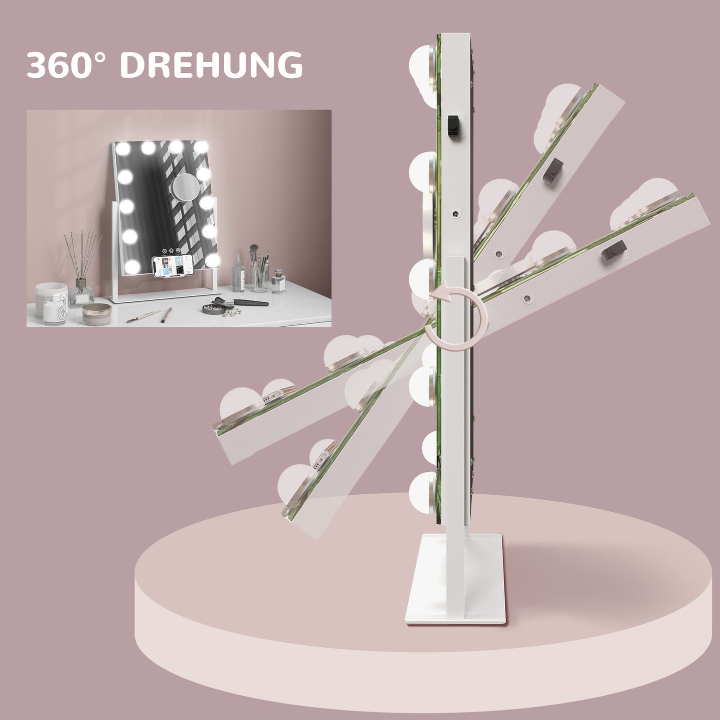 Hollywood makeup mirror with lights, 37x46cm, 10X magnification